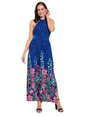 Floral Print Halter Maxi Dress By London Times - Blue/Multi -